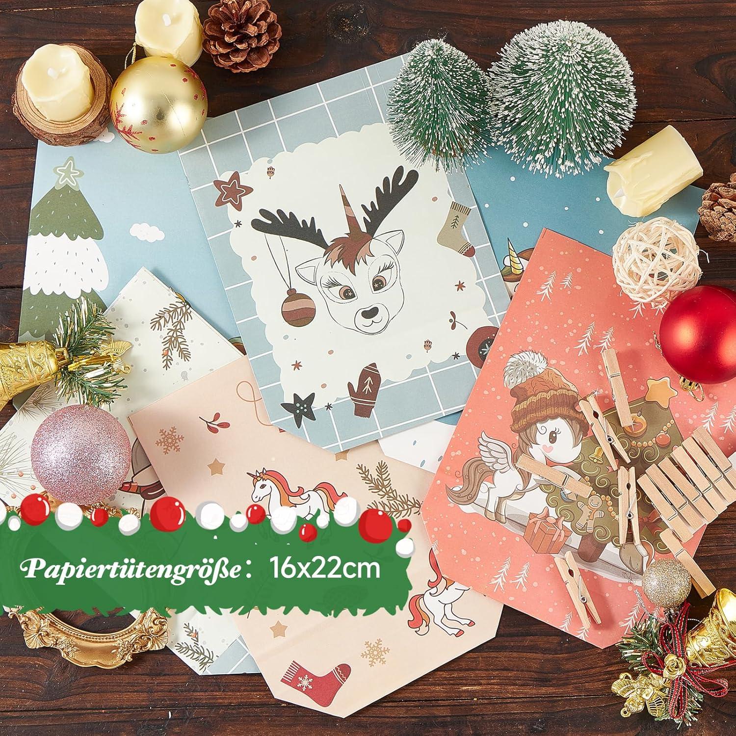 Adventskalender Einhorn Tüten 24 bedruckte Geschenktüten Zahlenaufkleber