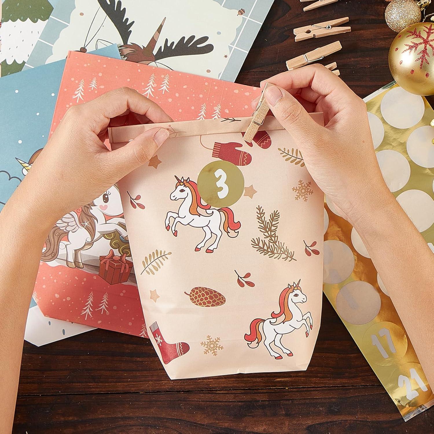 Adventskalender Einhorn Motiv 24 bedruckte Tüten mit Zahlen Aufklebern