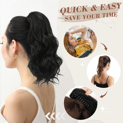 BARSDAR 35cm Wellig Pferdeschwanz Extension Schwarz Synthetik Haar Clip