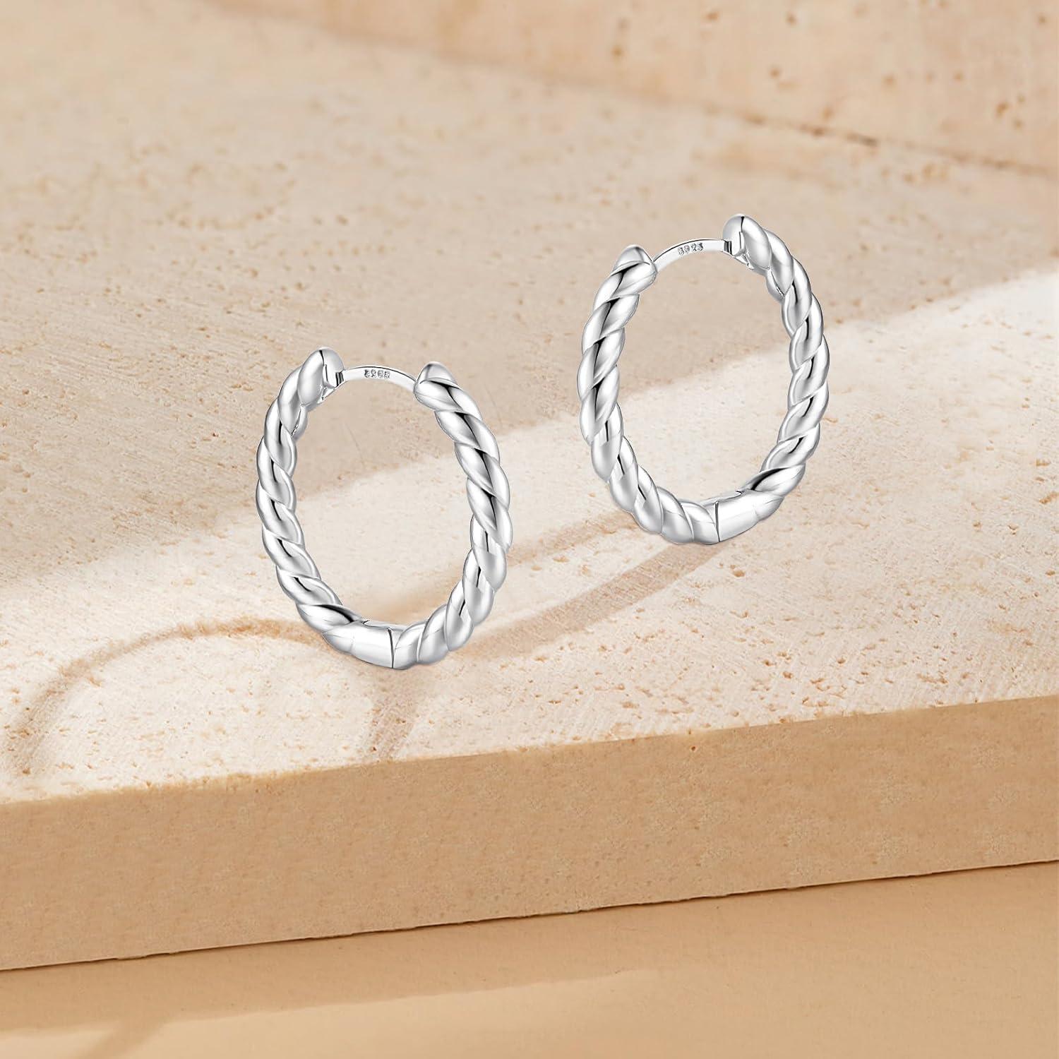 925 Sterling Silber Creolen Damen 15mm Twisted Verdrehte Ohrringe Brillant