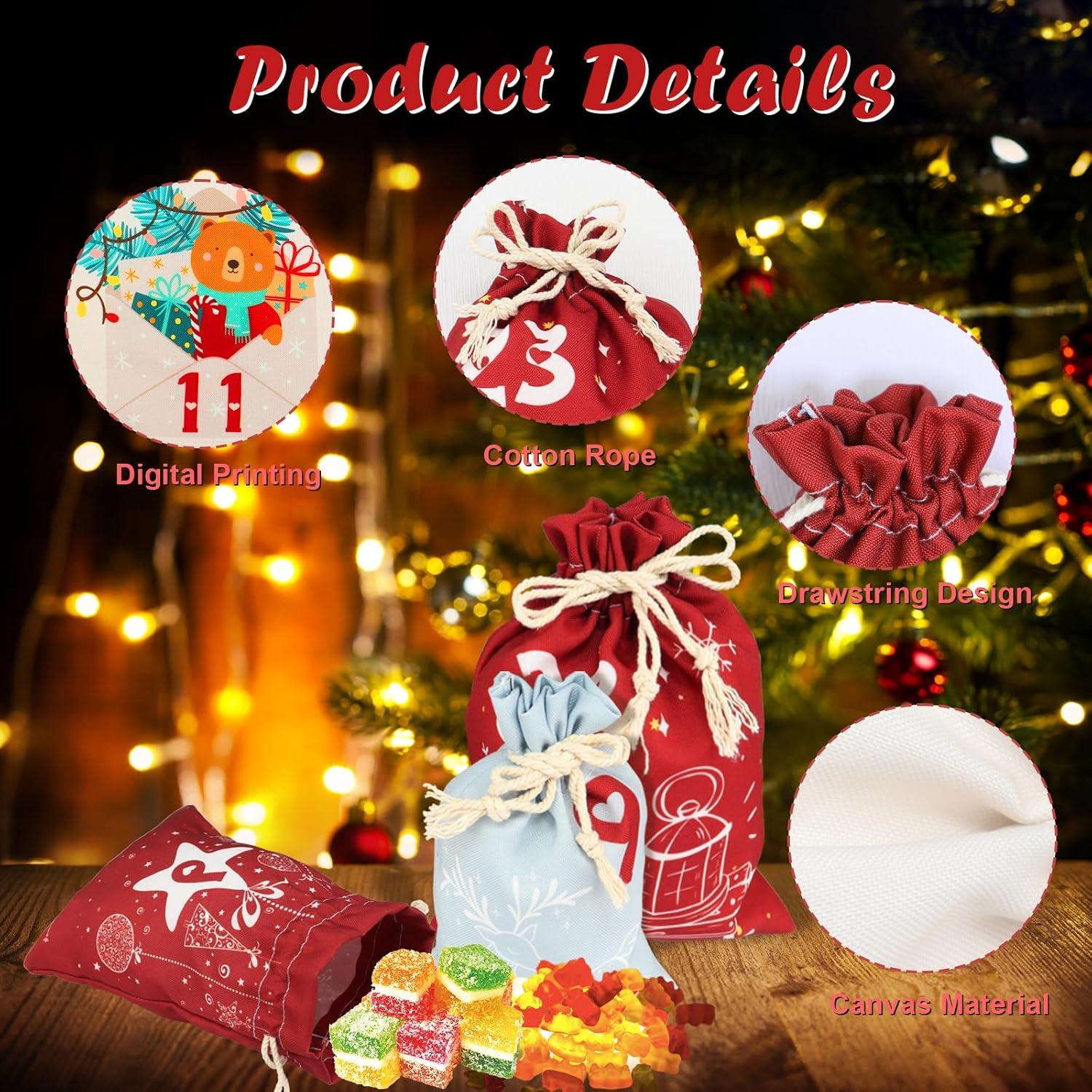 Adventskalender Stoff 24 Gedruckte Weihnachtskalender Kinder DIY 2024 Säckchen Groß Wiederverwendbar Tüten