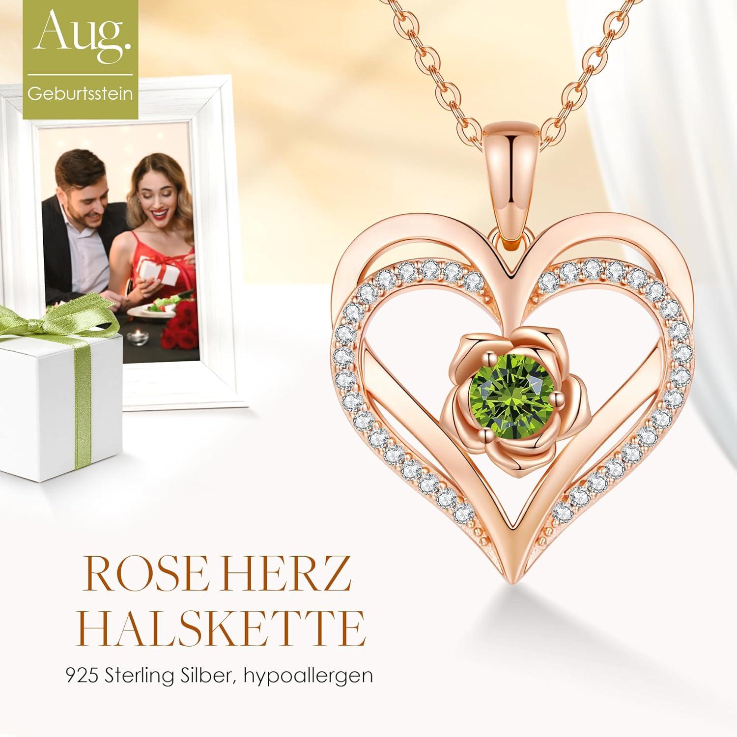 CDE Rosegold Herz Halskette Sterling Silber 925 Geburtsstein Schmuck