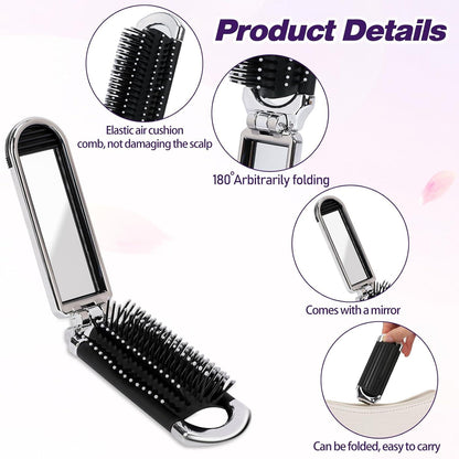 2er Set Silber Mini Haarbürste mit Reise Spiegel & Massagekamm