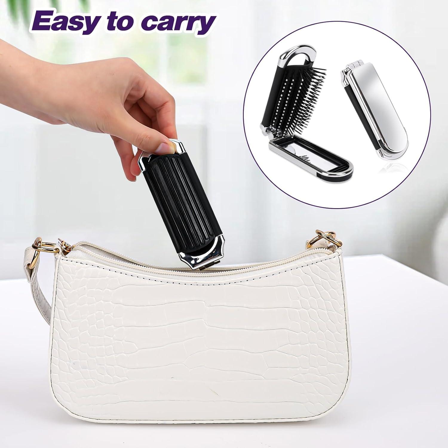 Silber Mini Haarbürste mit Reise Spiegel 2er Set - Klappbarer Haarmassagekamm