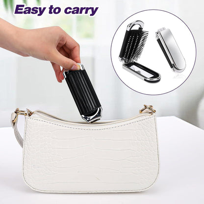Silber Mini Haarbürste mit Reise Spiegel 2er Set - Klappbarer Haarmassagekamm