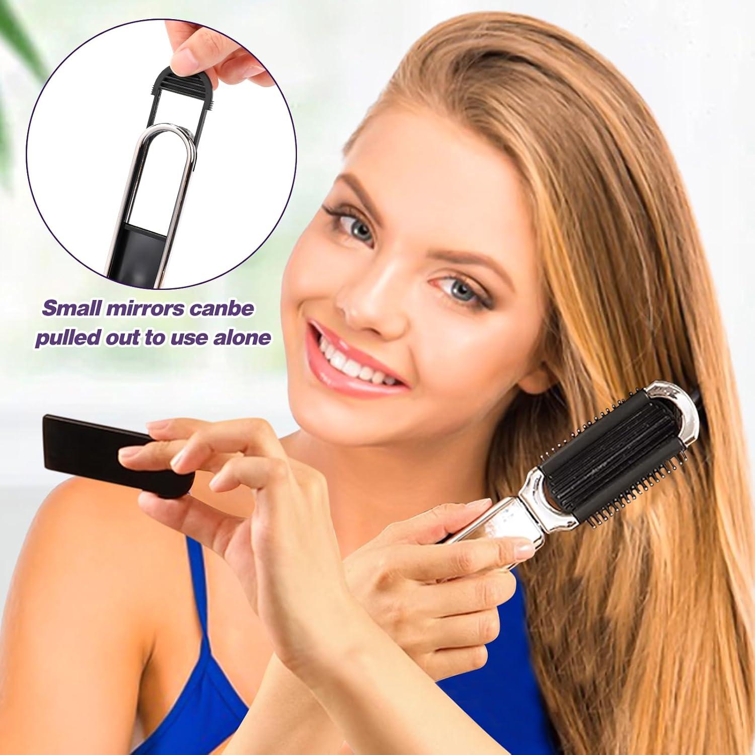 Haarbürste mit Reise Spiegel, 2 Stück Silber Mini Pocket Haarbürste