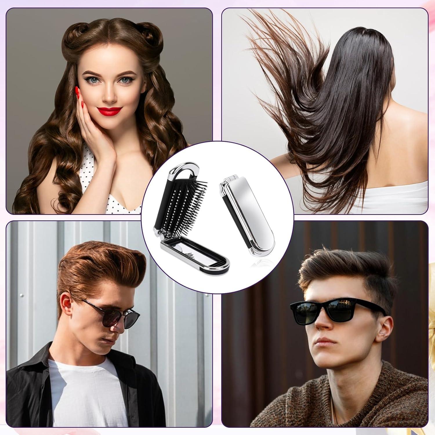 Silber Mini Haarbürste mit Reise Spiegel 2er Set - Klappbarer Haarmassagekamm
