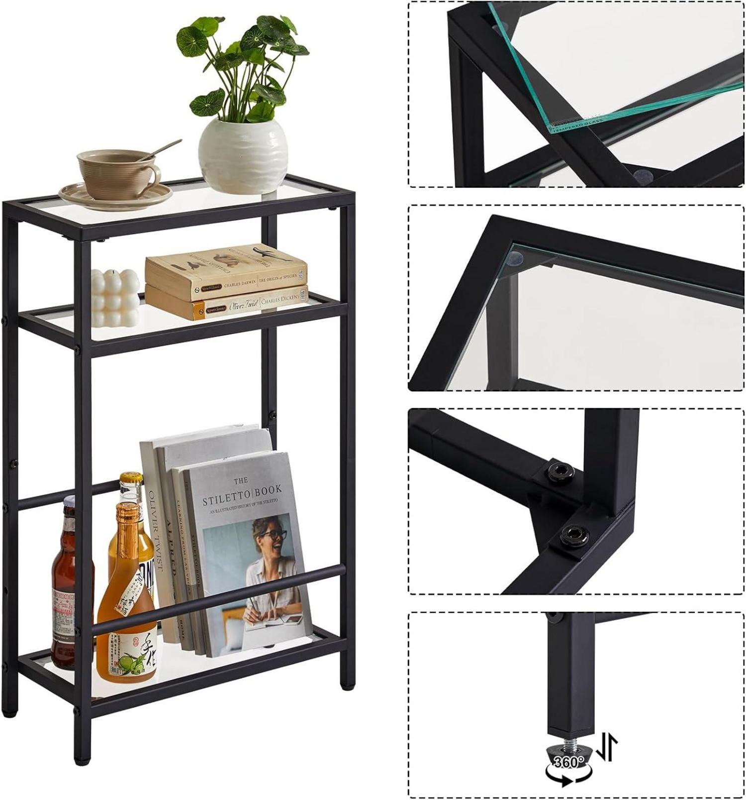 Beistelltisch mit Zeitschriftenhalter, Glas, 3 Etagen, schwarz