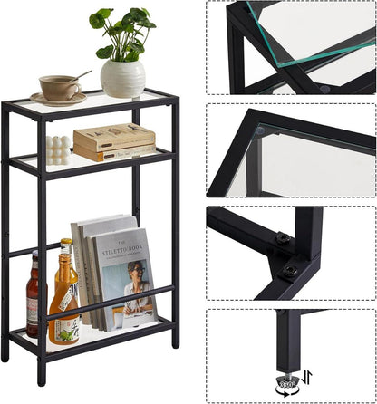Beistelltisch mit Zeitschriftenhalter, Glas, 3 Etagen, schwarz