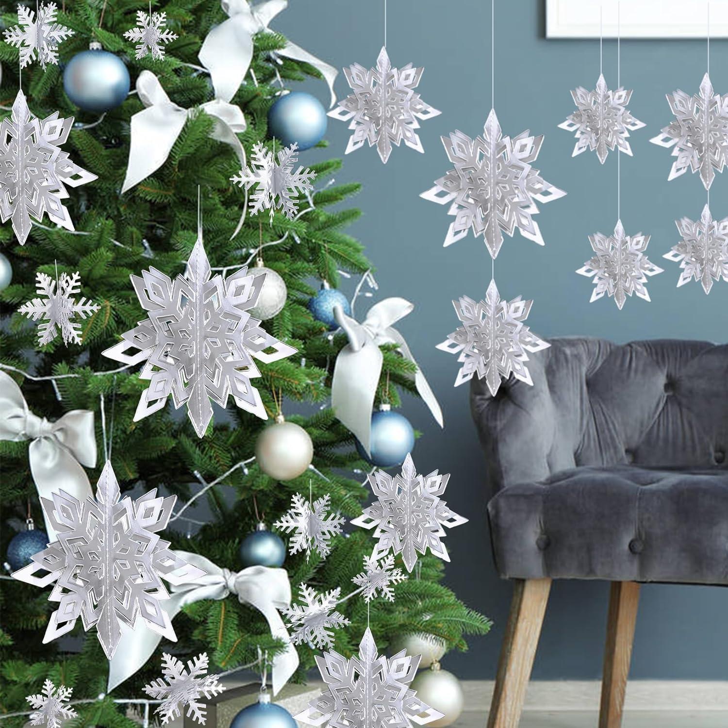 24 Stück 3D Schneeflocken Deko Weihnachtsdeko Silber Winterdekoration