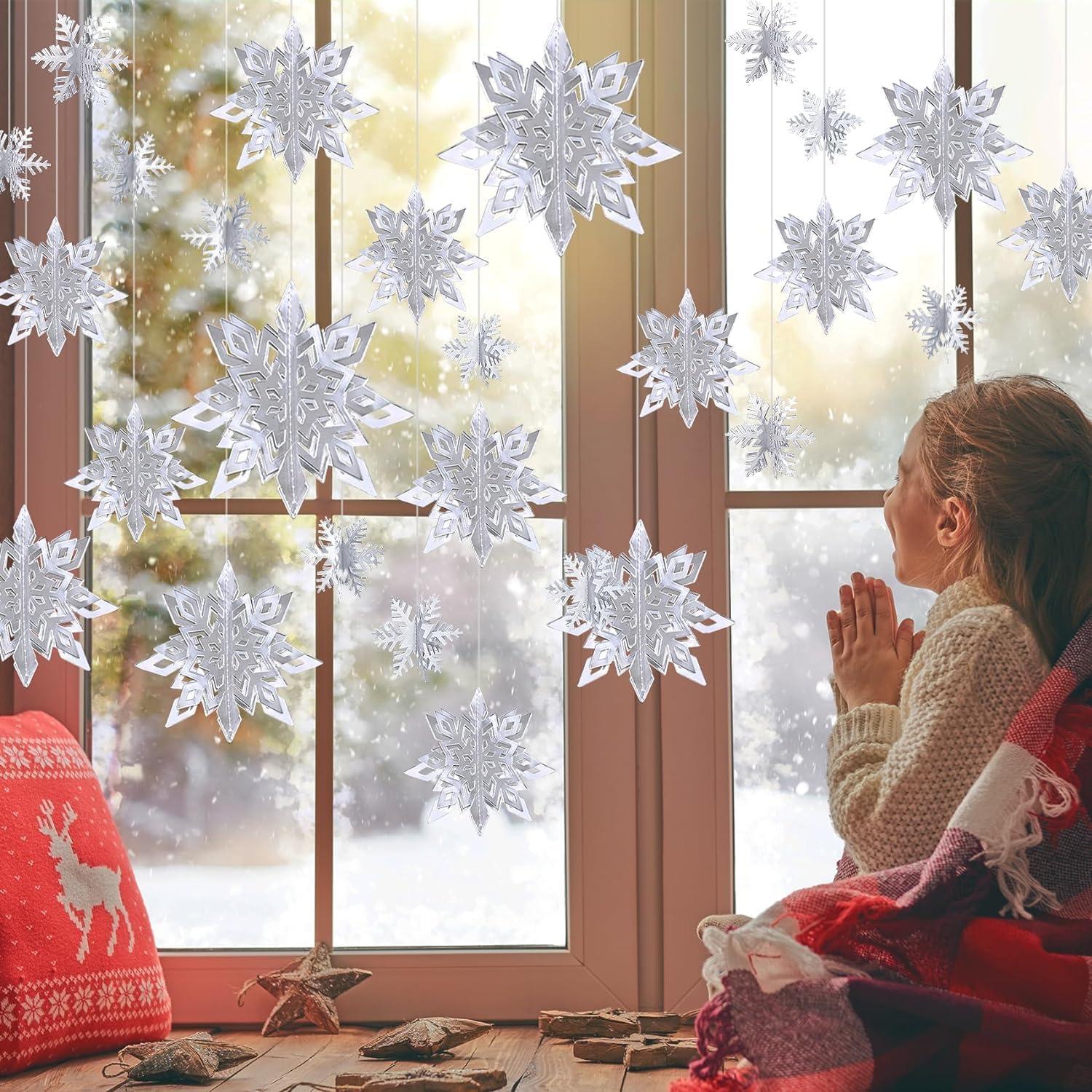 24 Stück 3D Schneeflocken Weihnachtsdeko Hängend Winter DIY Silber