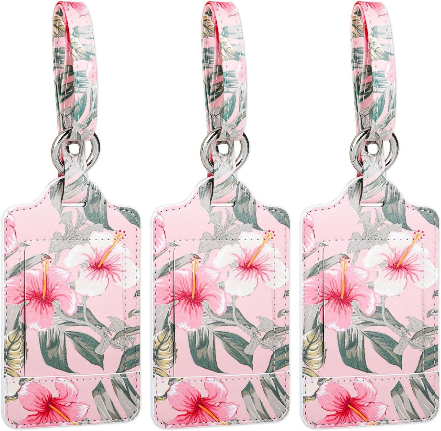 Kofferanhänger Set Adressschild Hibiskus PU Leder Schutz Privatsphäre