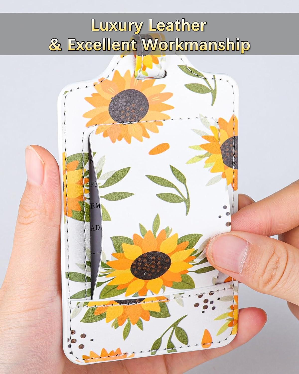 3er Pack Kofferanhänger mit Adressschild, PU Leder, Sonnenblume Design