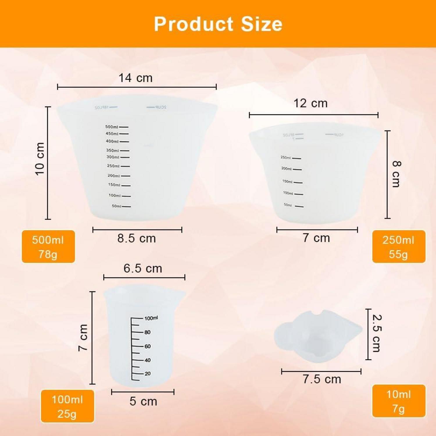 Silikon Messbecher Set 6-teilig 500ml 250ml 100ml 10ml Clear