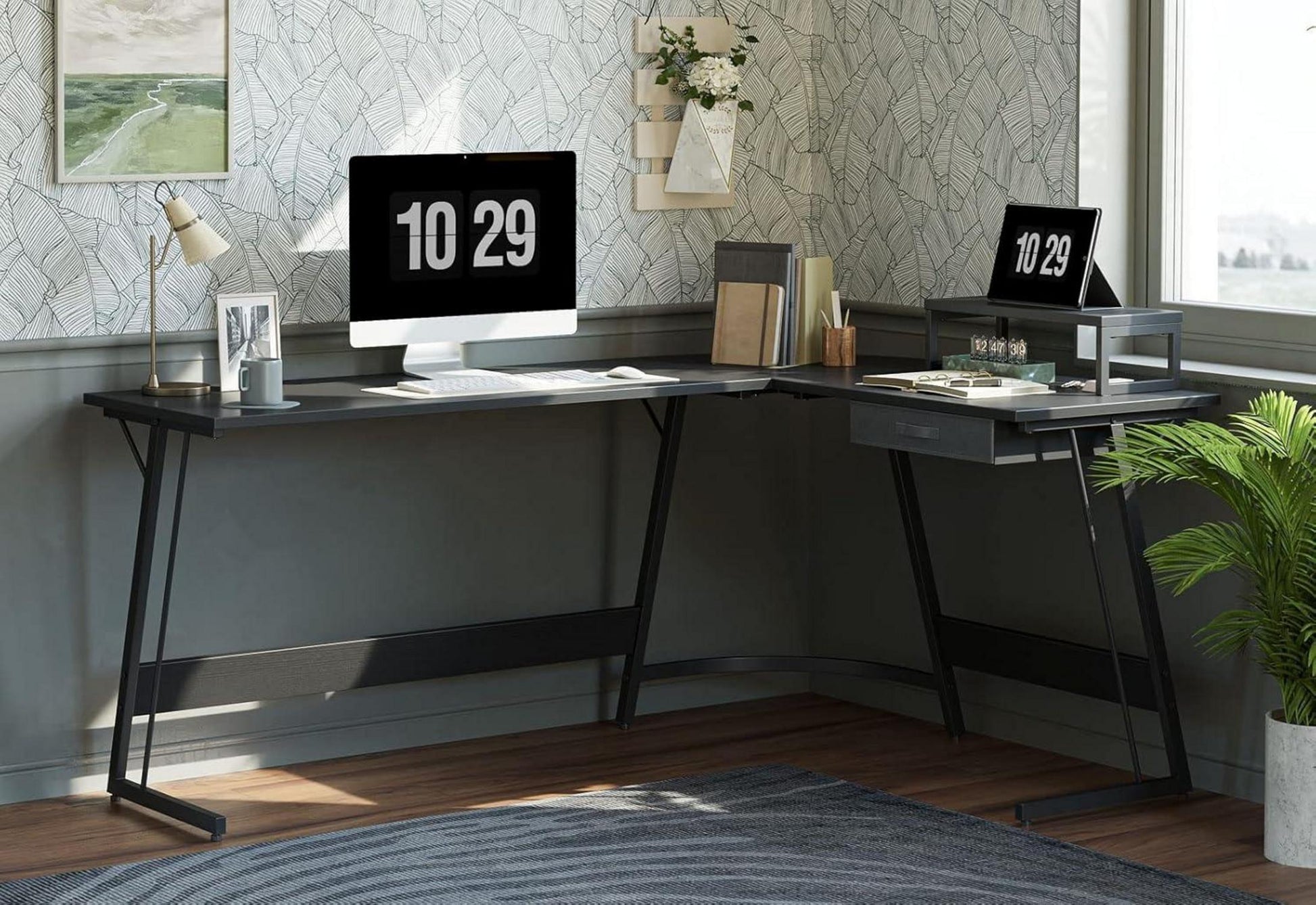 Eckschreibtisch 170x120 cm, L-Form, Monitorständer, Schubladen, Schwarz
