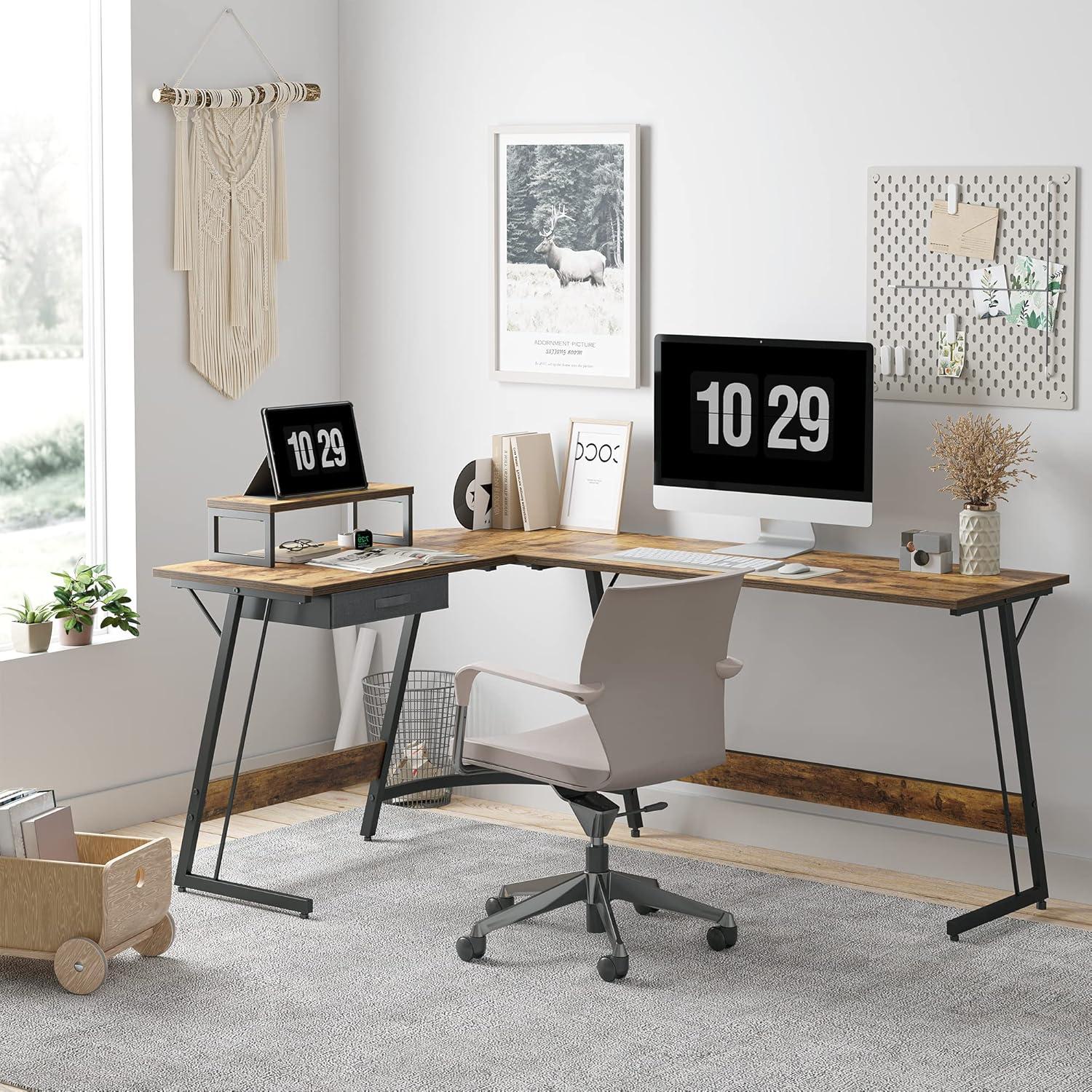 Eckschreibtisch Studie 170x120 cm L-Form Braun Monitorständer Schubladen