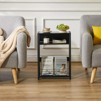 Kleiner Beistelltisch mit Zeitschriftenhalter, 3 Etagen, Schwarz
