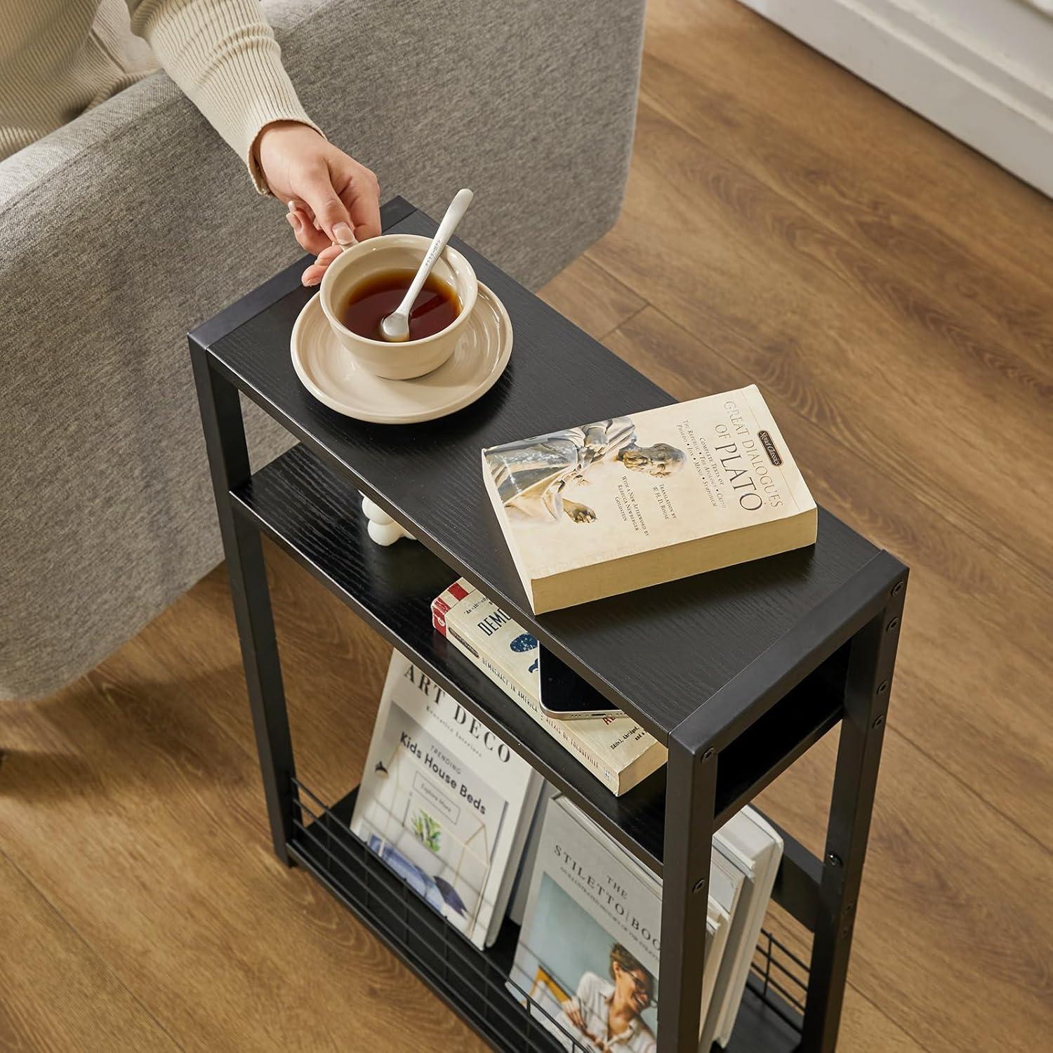 Kleiner Beistelltisch mit Zeitschriftenhalter, 3 Etagen, Schwarz