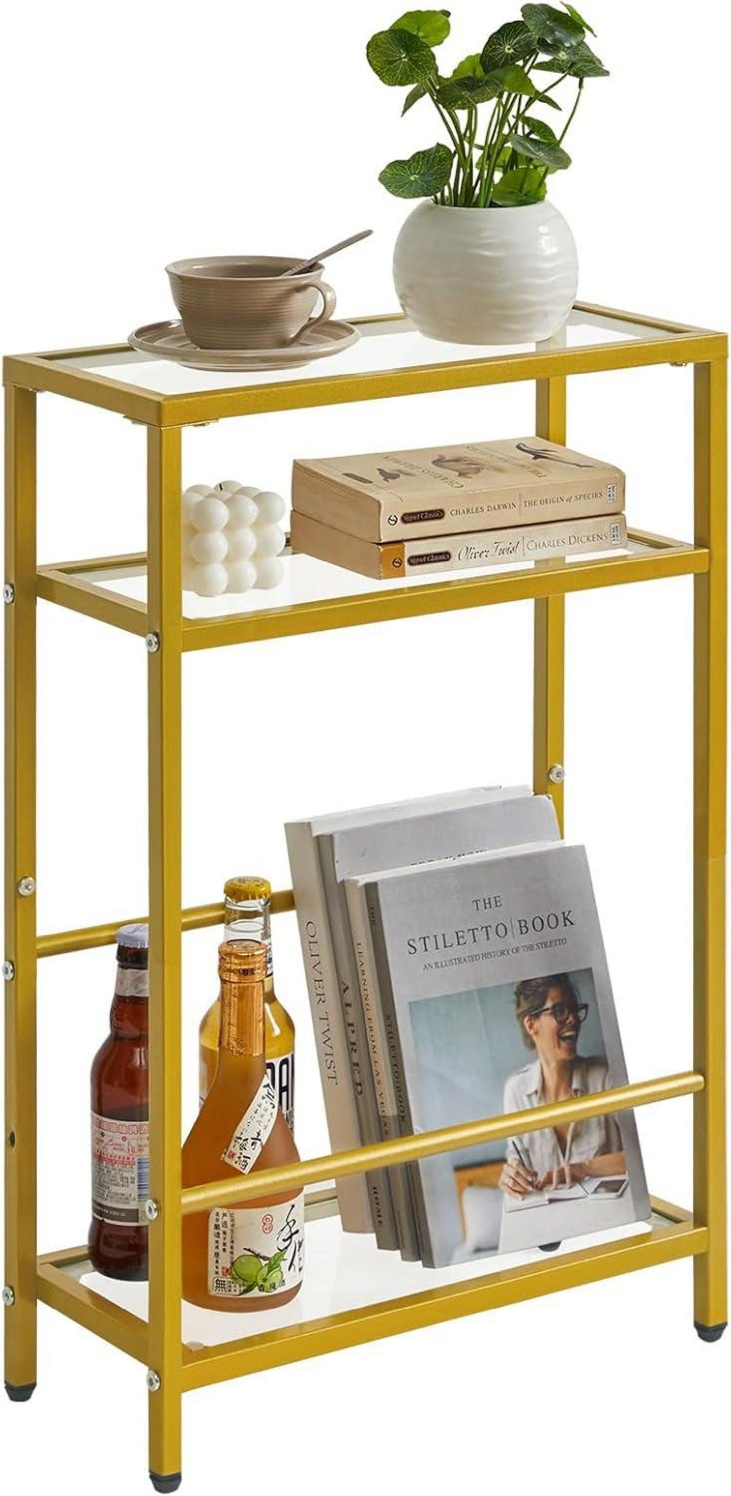 Beistelltisch mit Zeitschriftenhalter 3 Etagen Goldfarben