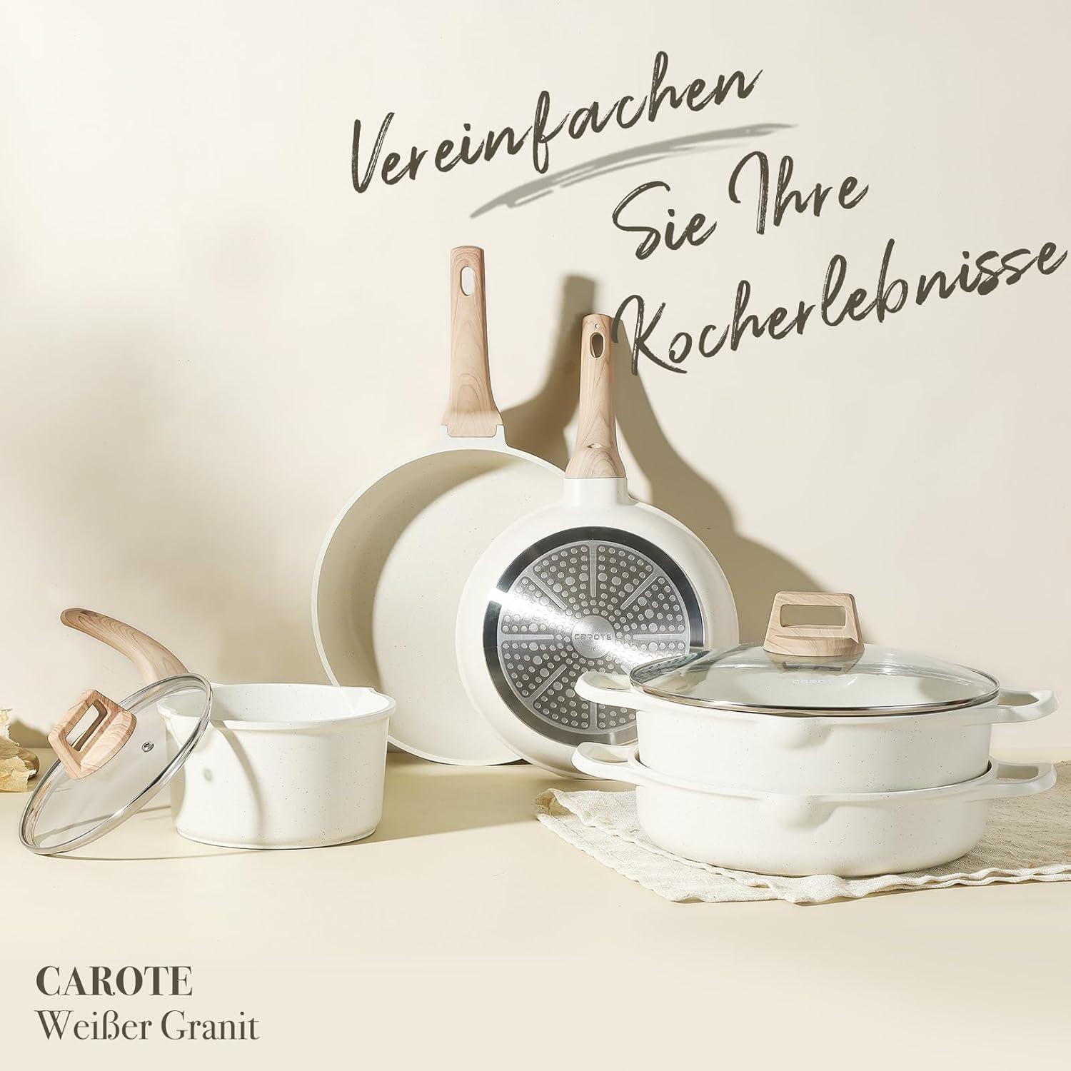 CAROTE Topfset 7-Teilig,Pfannen 24/28cm,Stielkasserolle 2.4L,Topf 3.8L/6.7L,Antihaft,Deckel,Induktion