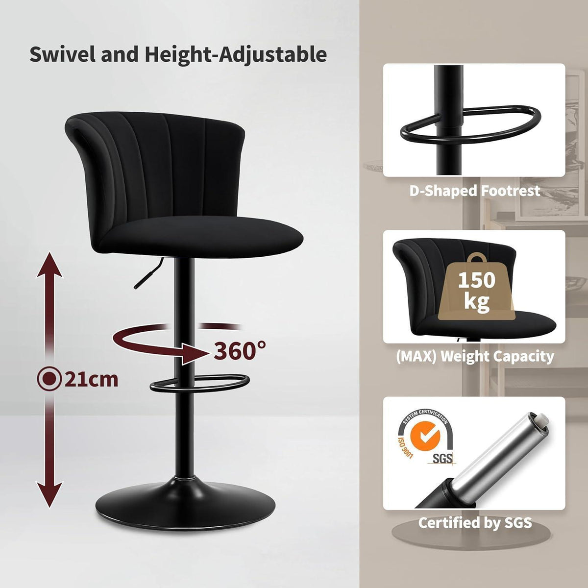 Höhenverstellbarer Barhocker 2er Set mit Lehne & Seidensamt