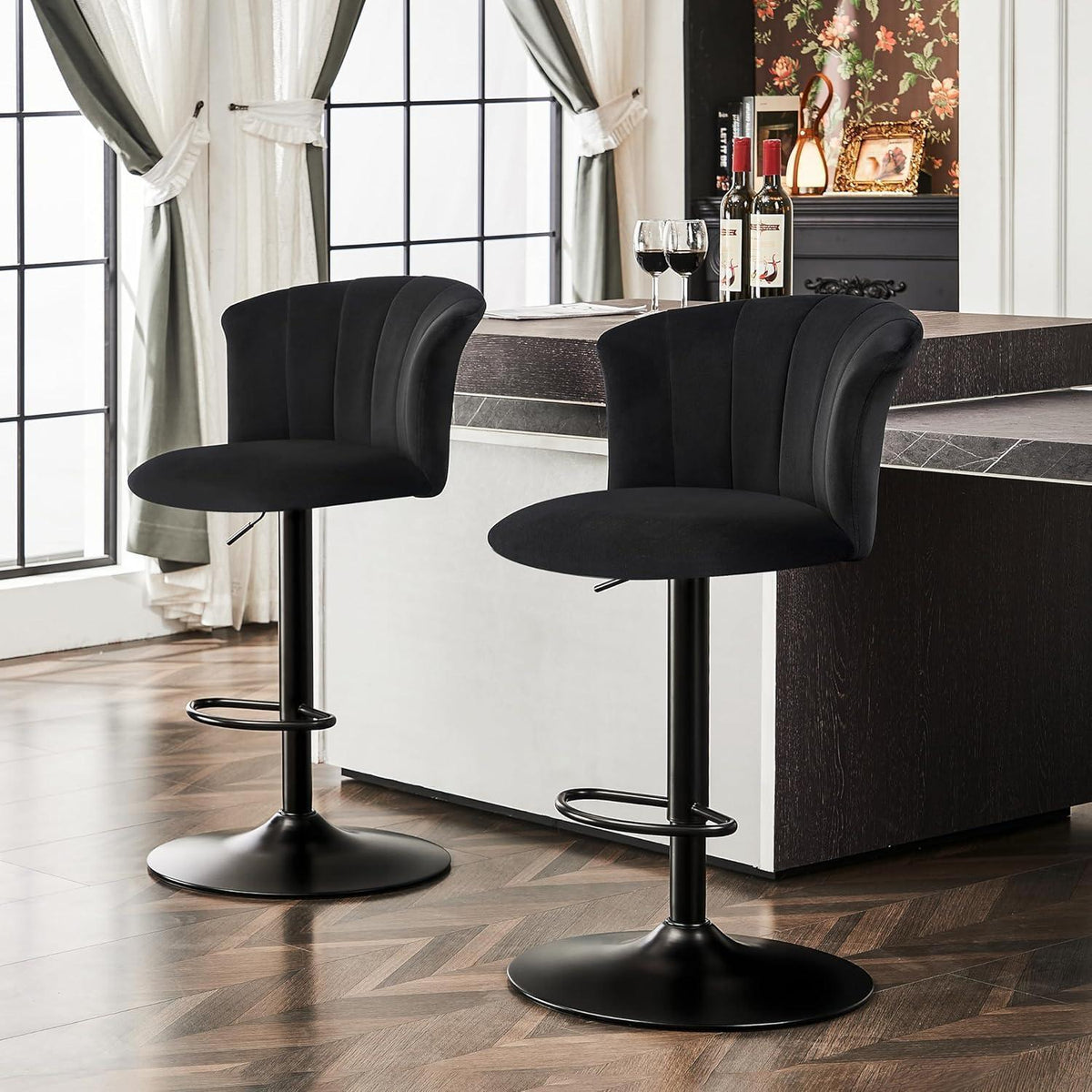 Höhenverstellbarer Barhocker 2er Set mit Lehne & Seidensamt
