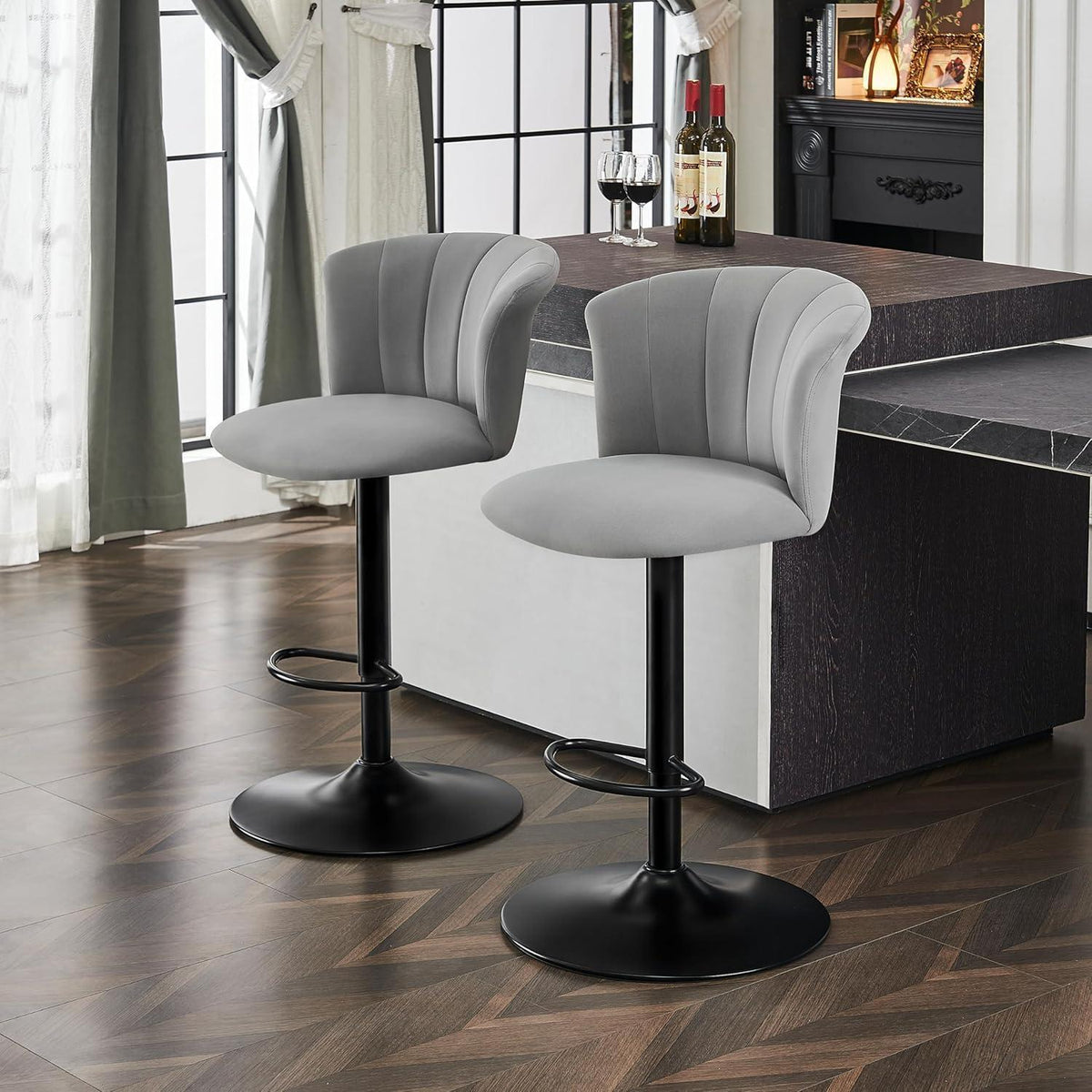 Barhocker Set 2er – Höhenverstellbar, Grau, Seidensamt