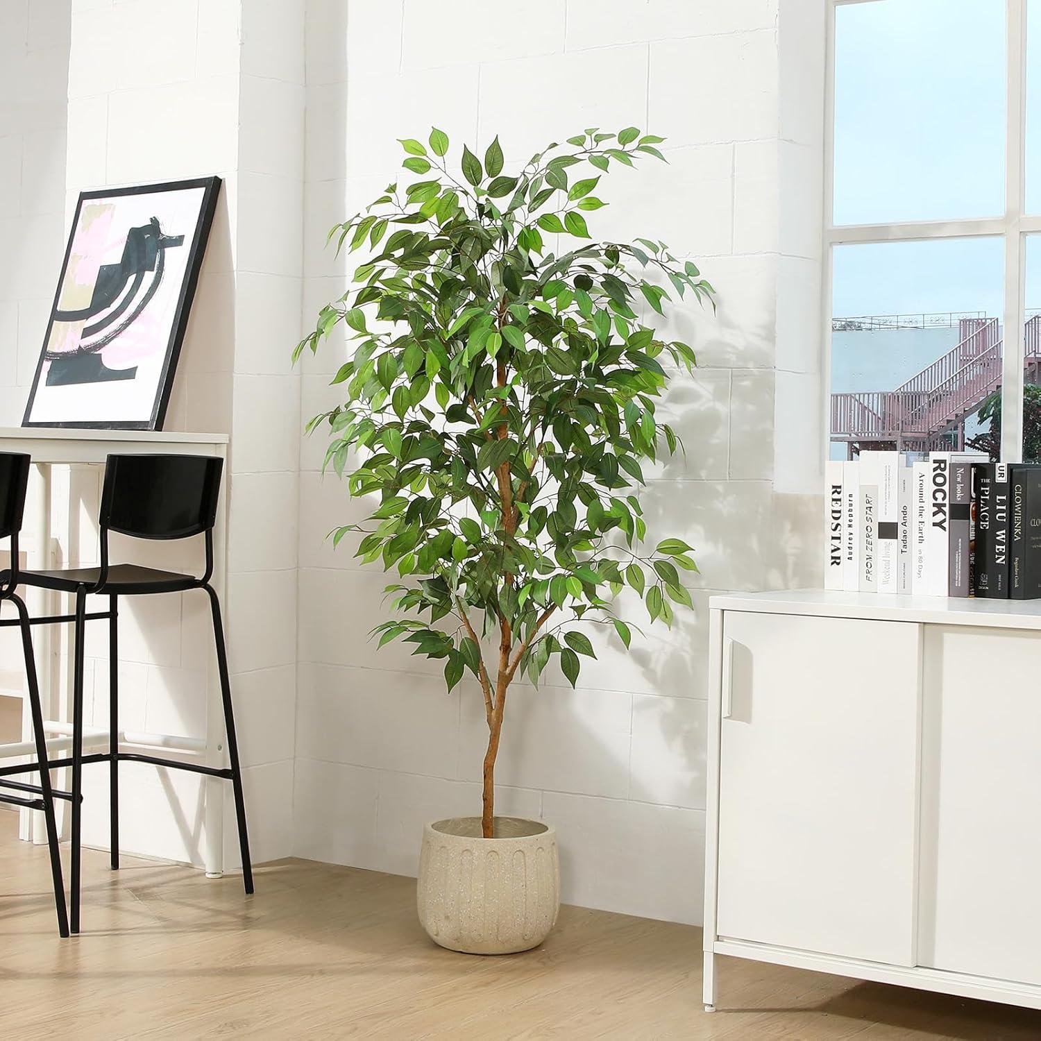 Künstliche Ficus Benjamina Pflanze 150cm Naturholzstamm Topf Home Büro Balkon
