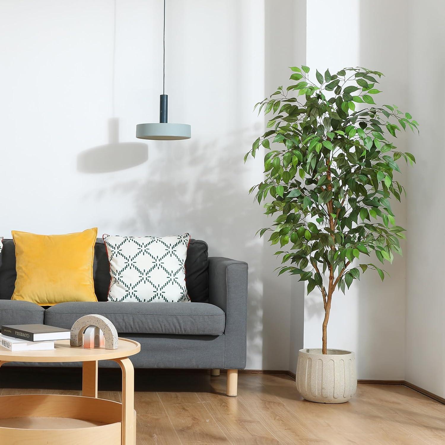 Kunstpflanze Ficus Benjamina 150cm mit Naturholzstamm im Topf