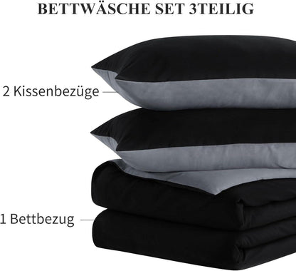 Bettwäsche Set 200x200 Schwarz Wendebettwäsche 3tlg Mikrofaser Reißverschluss