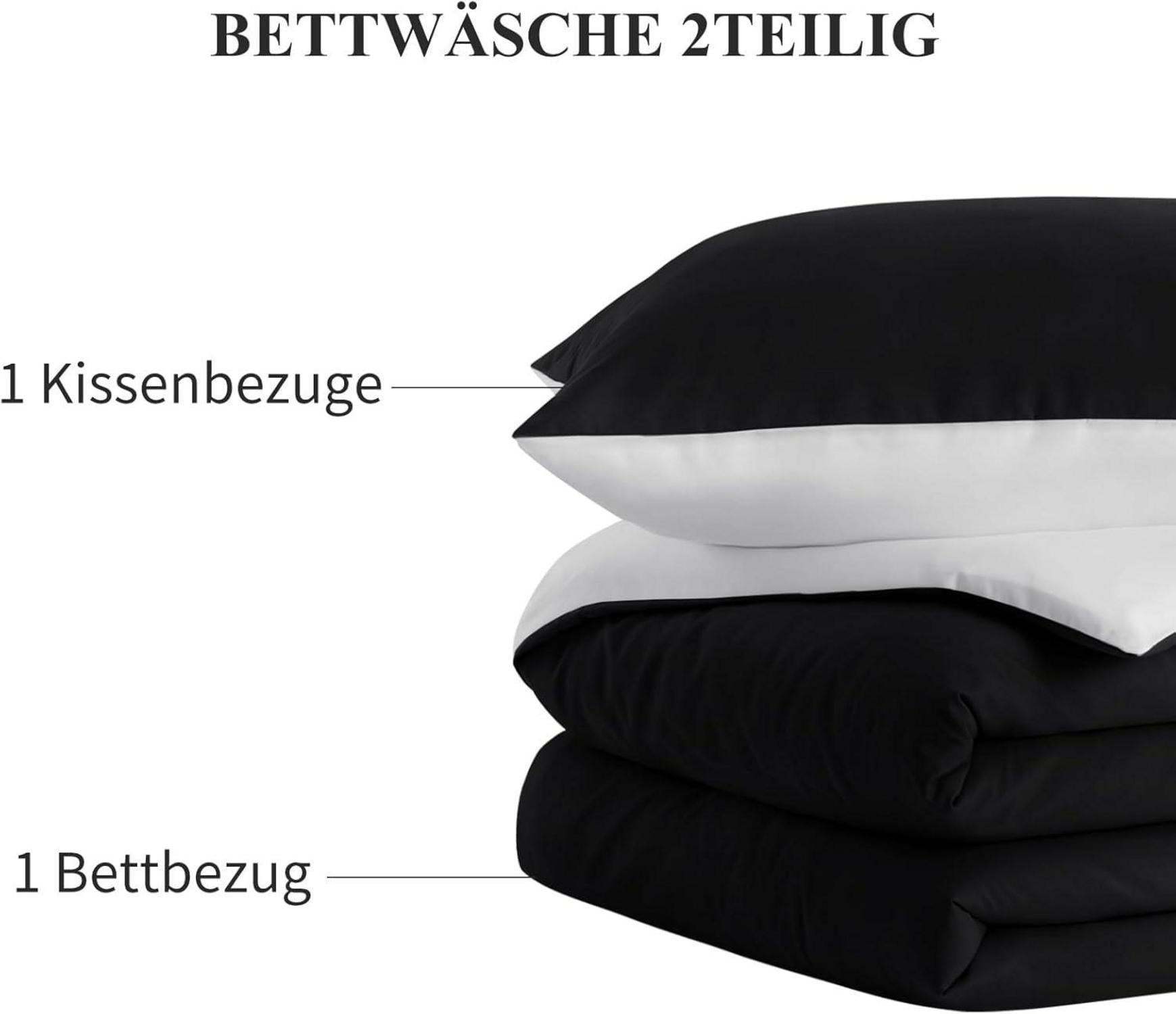 Bettwäsche 155x220 Weiß Schwarz Wendebettwäsche 2tlg Mikrofaser-Kissenbezug