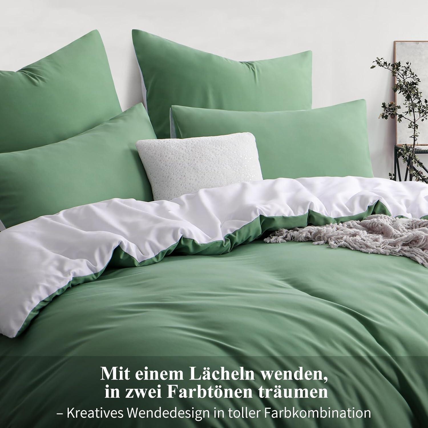 Bettwäsche 200x200 Grün Weiß 3tlg Mikrofaser mit Reißverschluss
