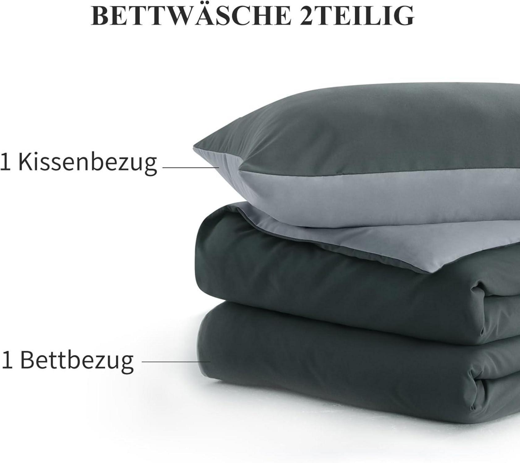 Bettwäsche Set 155x220cm 2tlg Grau Wendebettwäsche Reißverschluss Mikrofaser