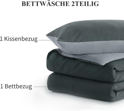 Bettwäsche Set 155x220cm 2tlg Grau Wendebettwäsche Reißverschluss Mikrofaser