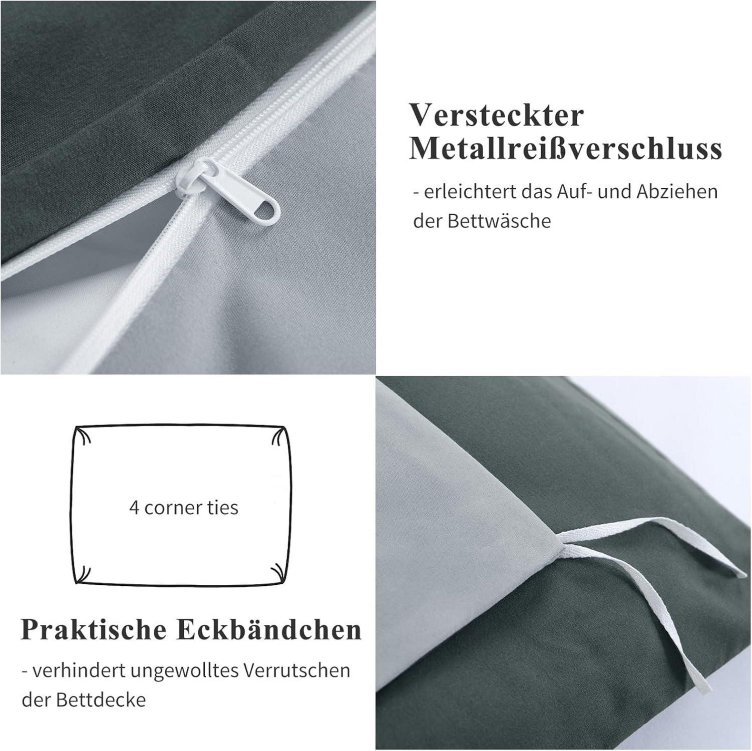 Bettwäsche 200x200 3teilig Grau Wendebettwäsche Reißverschluss