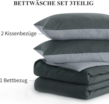 Bettwäsche Set 200x200cm Grau Wendebettwäsche 3tlg Mikrofaser mit Reißverschluss