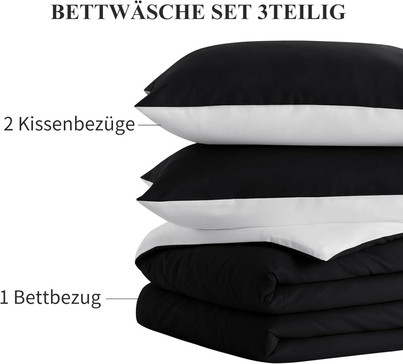 Wendebettwäsche 200x200 3tlg Weiß/Schwarz Mikrofaser Reißverschluss