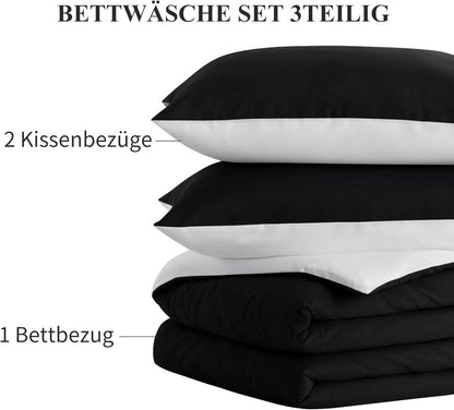 Wendebettwäsche 200x200 3tlg Weiß/Schwarz Mikrofaser Reißverschluss