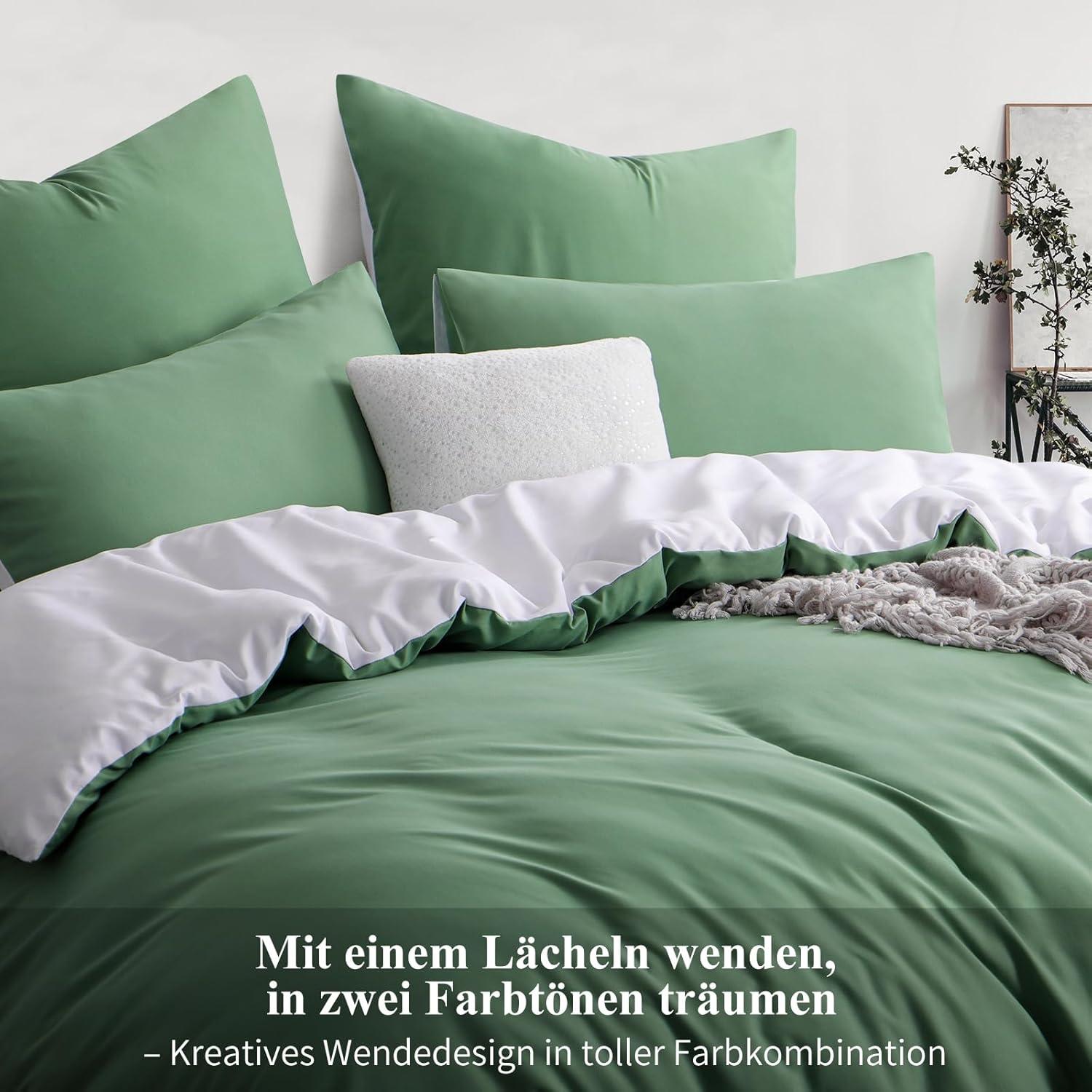 Bettwäsche Set 200x220cm Grün Weiß Mikrofaser 3tlg Wendebettwäsche