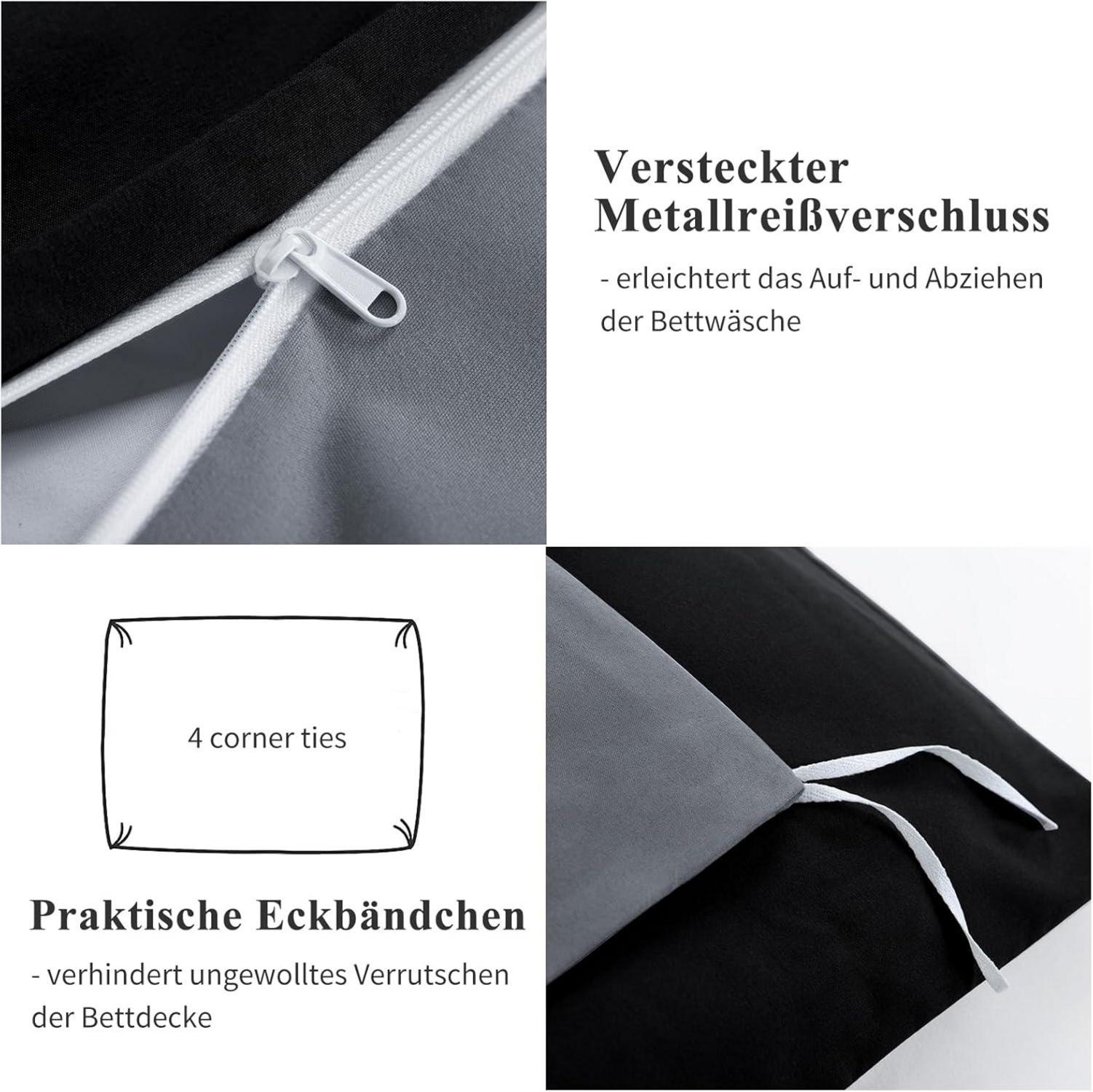 Bettwäsche Set Schwarz 155x220cm Wendebettwäsche 2tlg Reißverschluss