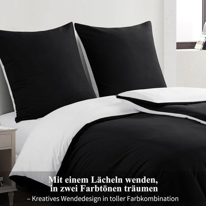 Bettwäsche Set 135x200cm 4-teilig Weiß/Schwarz Mikrofaser Wendebettwäsche