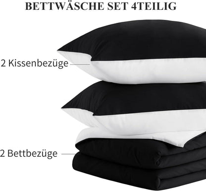 Bettwäsche Set 135x200cm 4-teilig Weiß/Schwarz Mikrofaser Wendebettwäsche