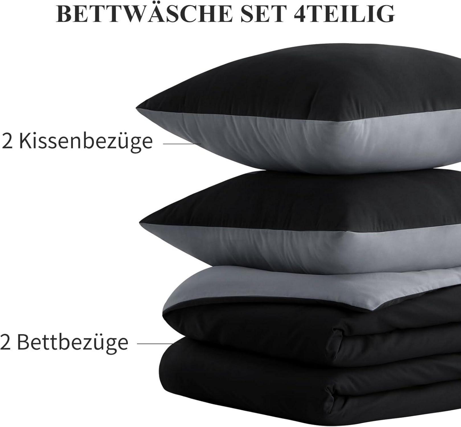 Bettwäsche Set Schwarz Hellgrau 135x200 4tlg Mikrofaser Wendebettwäsche