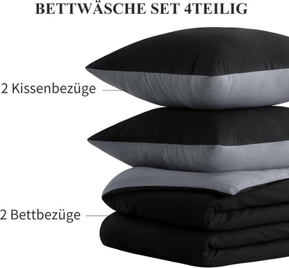 Bettwäsche Set Schwarz Hellgrau 135x200 4tlg Mikrofaser Wendebettwäsche
