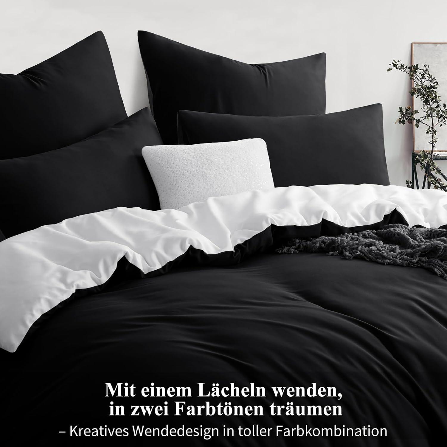 Bettwäsche 200x220cm 3tlg Weiß/Schwarz Mikrofaser Wendebettwäsche