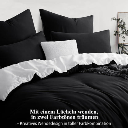 Bettwäsche 200x220cm 3tlg Weiß/Schwarz Mikrofaser Wendebettwäsche