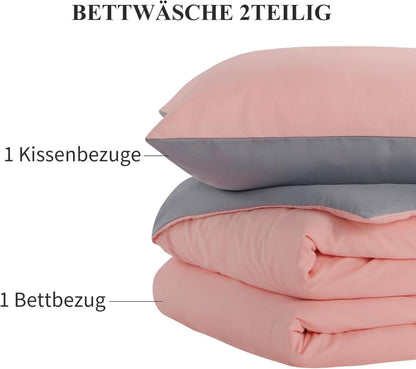 Bettwäsche Set 155x220 Grau Wendebettwäsche 2tlg Reißverschluss Mikrofaser