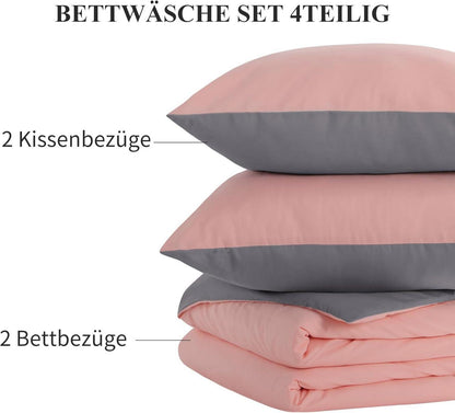 Wendebettwäsche 135x200 Grau Rosa 4tlg Bettwäsche Microfaser