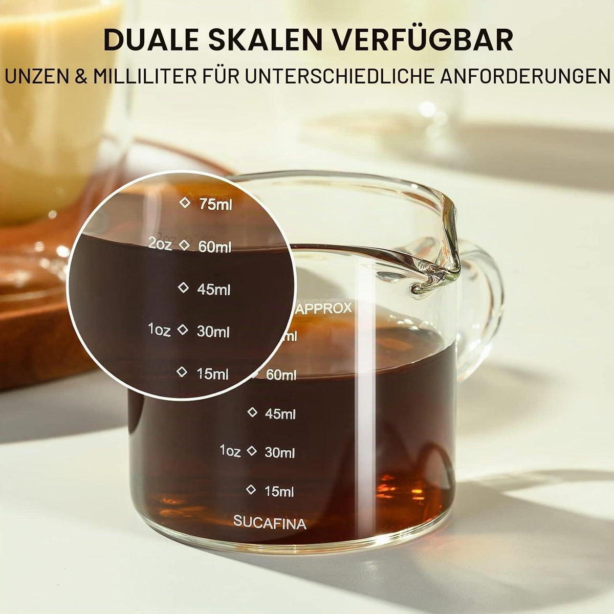Espresso Messbecher Set 75ml Borosilikatglas mit Henkel
