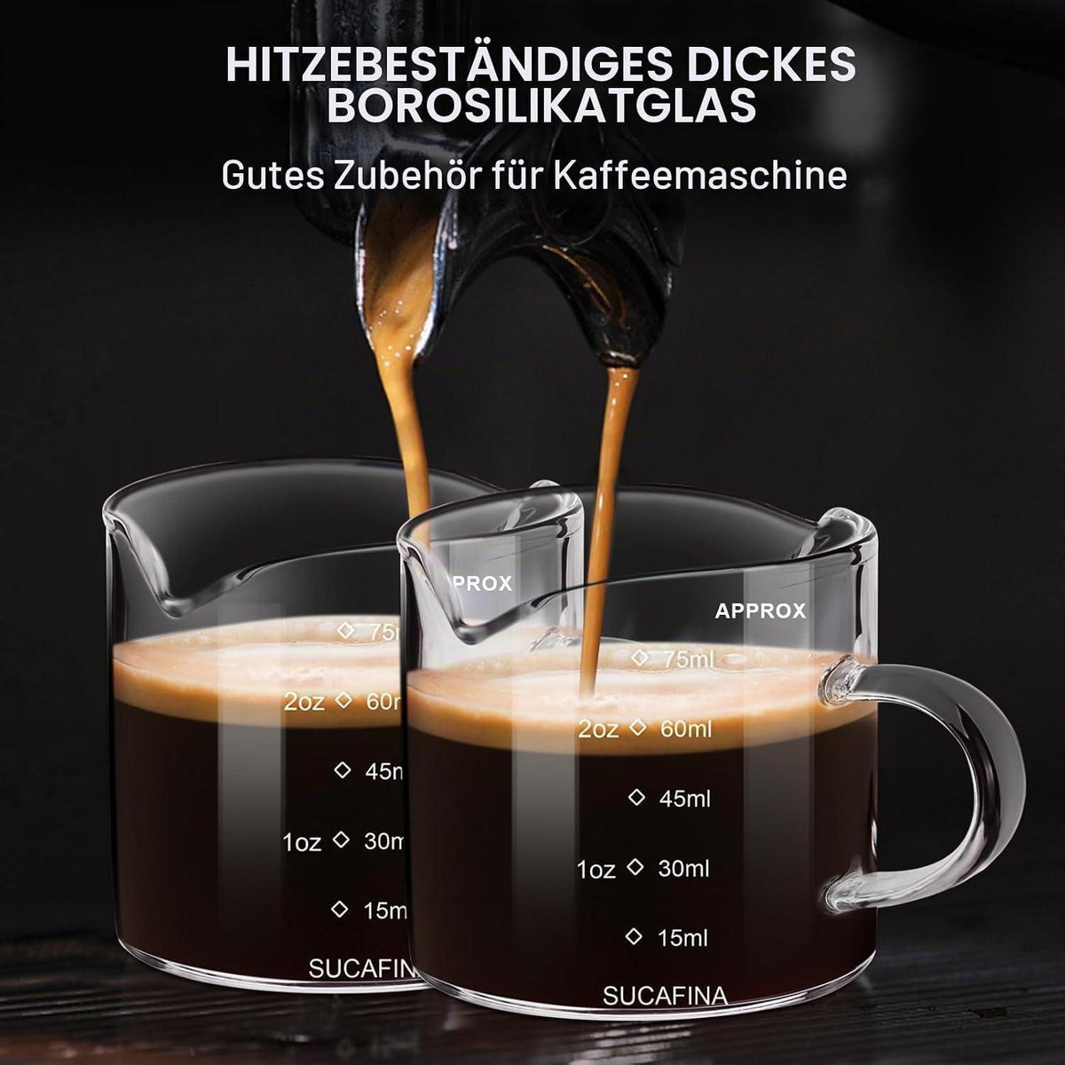 Espresso Messbecher Set 75ml Borosilikatglas mit Henkel